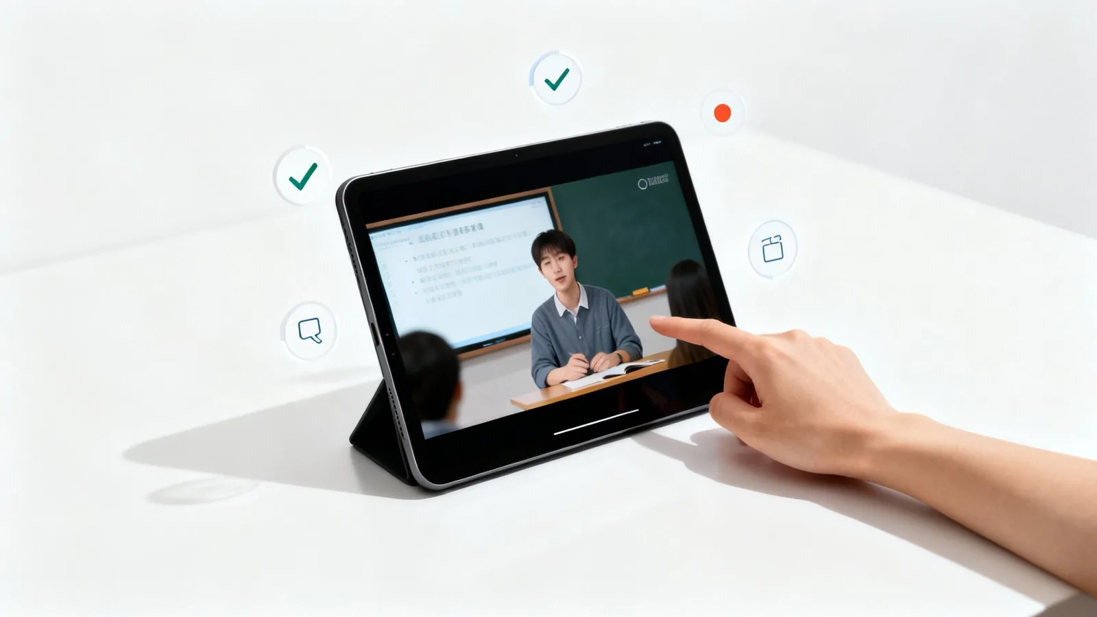 A hand interacts with a tablet showing an online class with a teacher and students, surrounded by virtual learning icons.