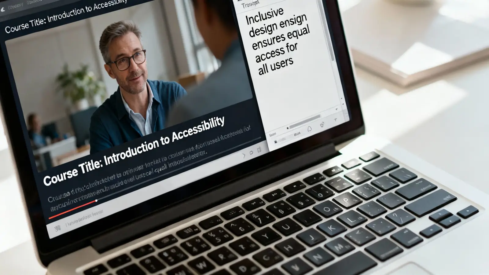 A laptop displaying an accessibility course video with a speaker and text about inclusive design.