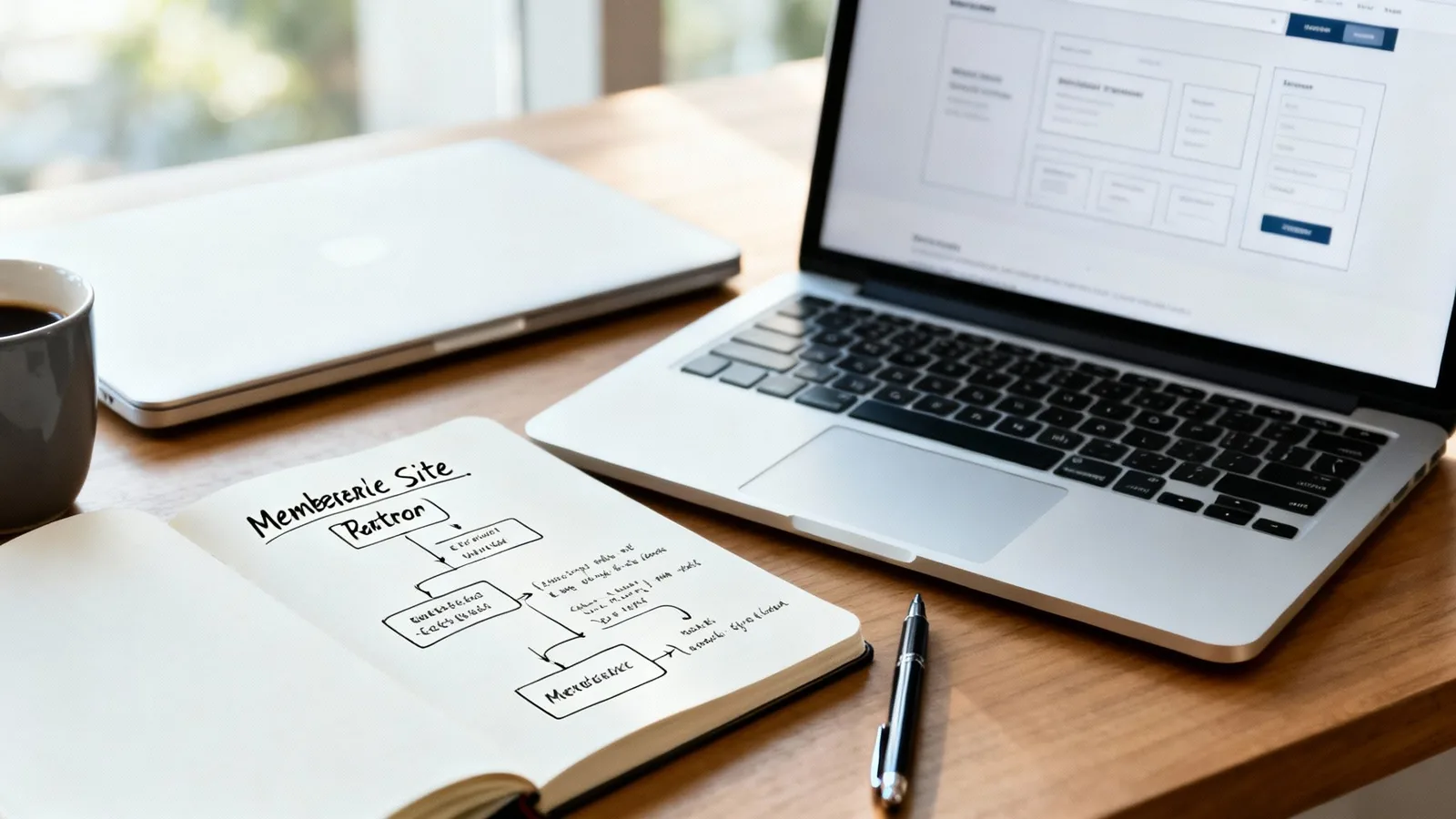 A top-down view of a desk with a laptop, coffee, pen, and notebook showing a website planning flowchart.