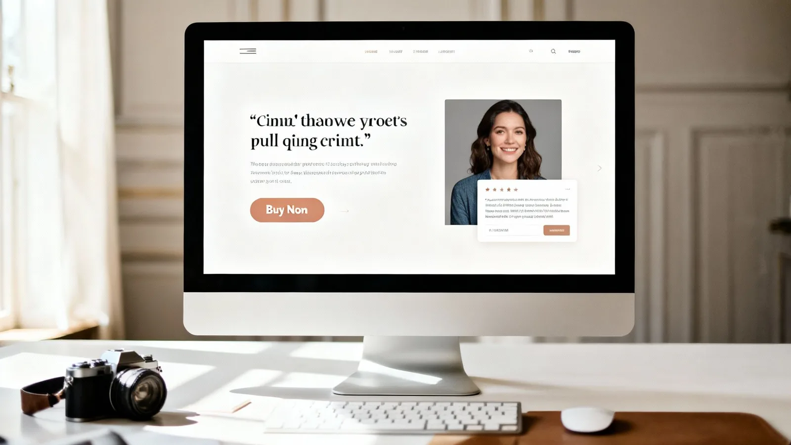 A desktop computer displays a website featuring a prominent customer testimonial and a smiling woman.