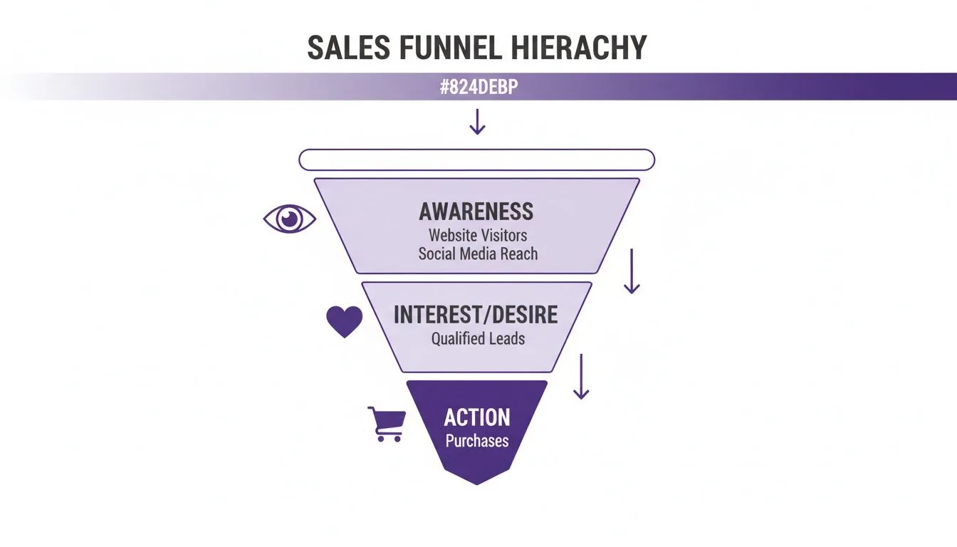 A sales funnel hierarchy diagram illustrating Awareness, Interest/Desire, and Action stages with icons.