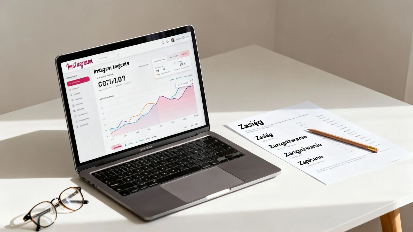 Laptop z otwartymi statystykami Instagrama, okulary, papier z polskimi słowami i ołówek na białym biurku.