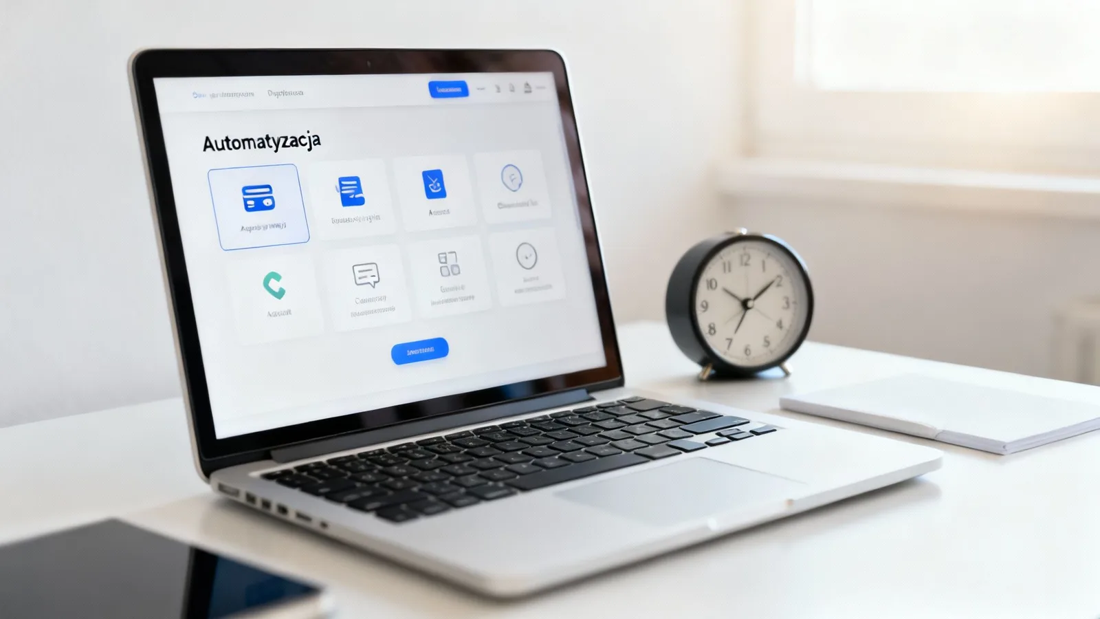 Laptop na białym biurku z otwartą aplikacją do automatyzacji, obok budzik i notatnik.