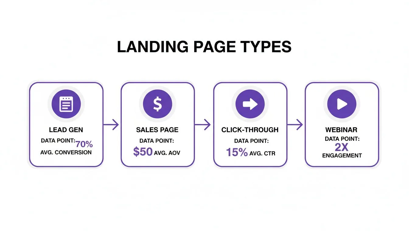 Infographic showing four types of landing pages: Lead Gen, Sales Page, Click-Through, and Webinar, with their key performance indicators.