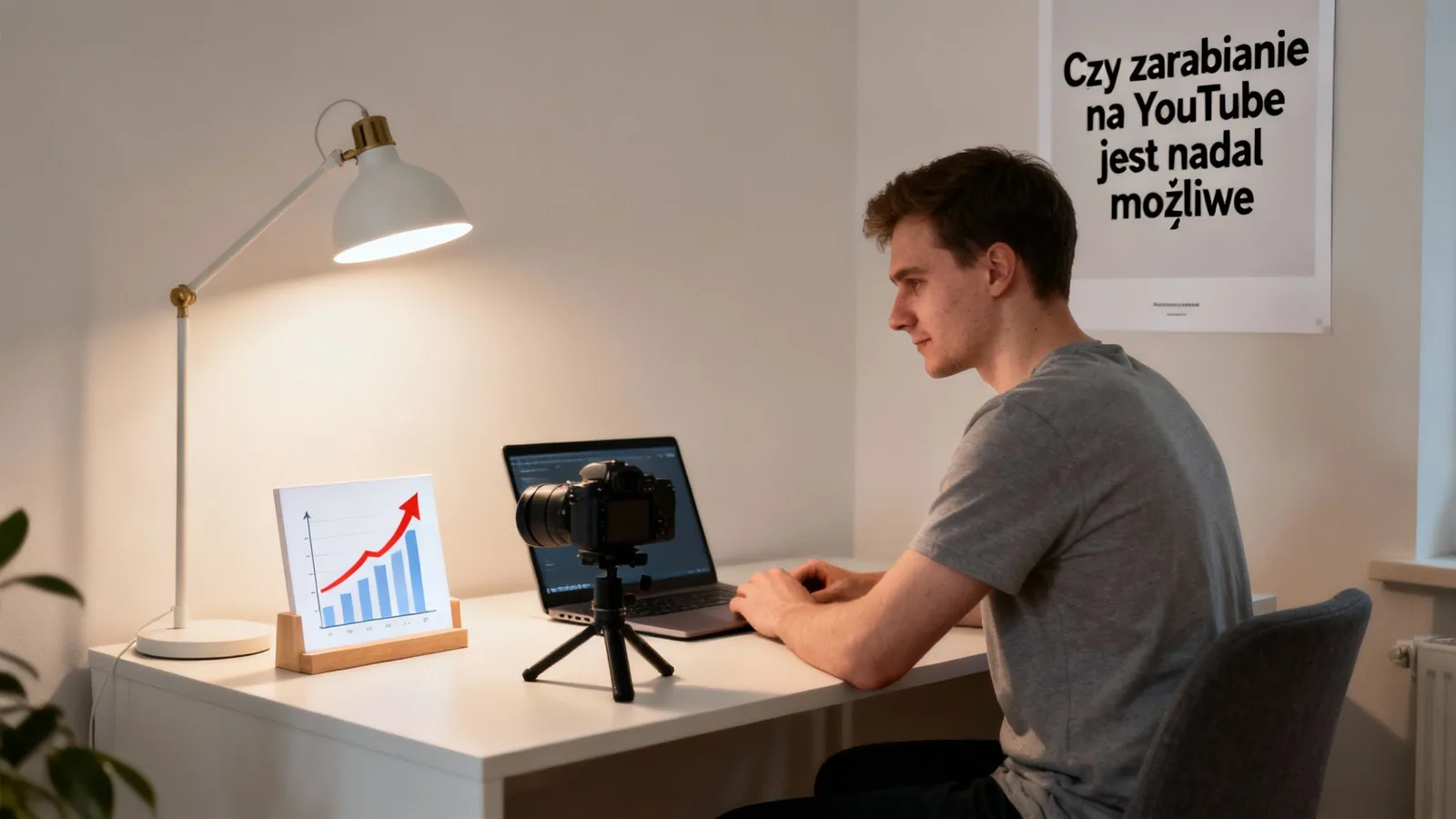 Młody mężczyzna pracuje przy komputerze i kamerze, z wykresem wzrostu, symbolizującym zarobki na YouTube.