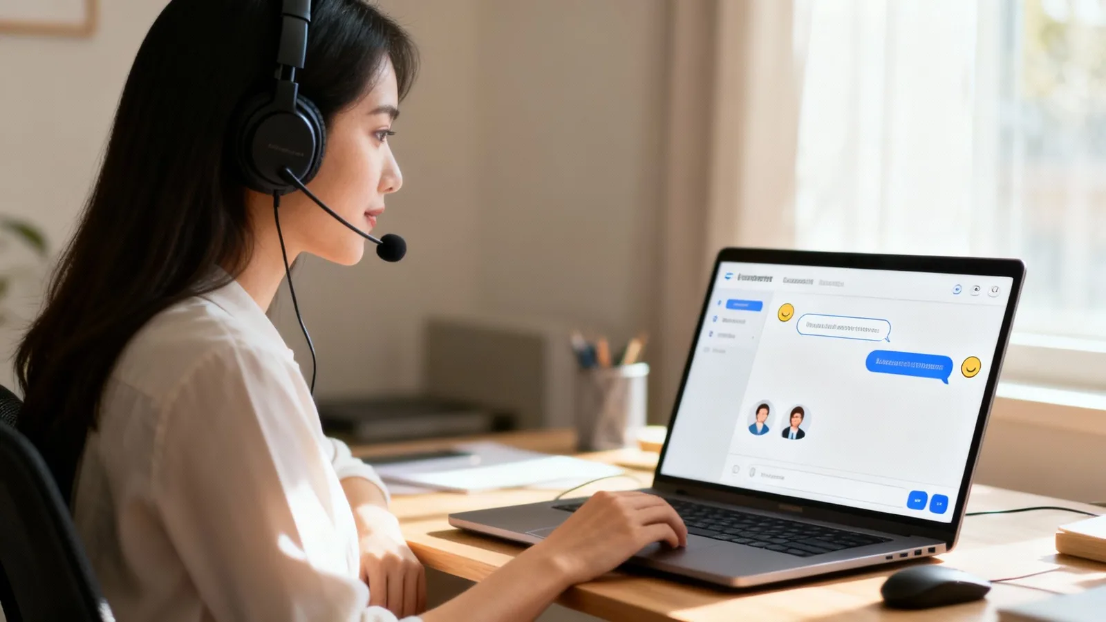 A young woman with a headset and microphone is using a laptop for an online chat.