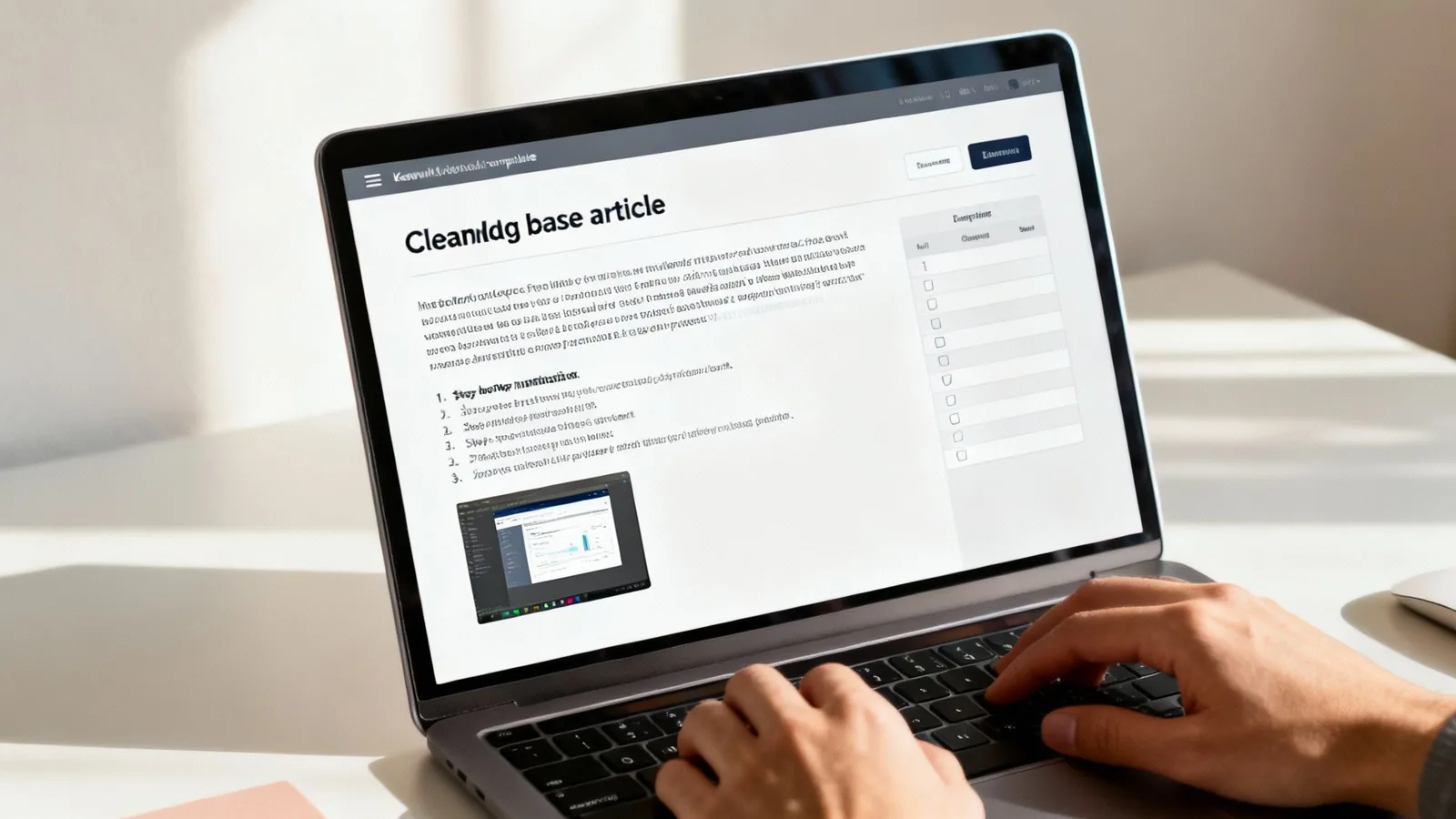 Hands typing on a laptop displaying a knowledge base article with text, lists, and a chart.