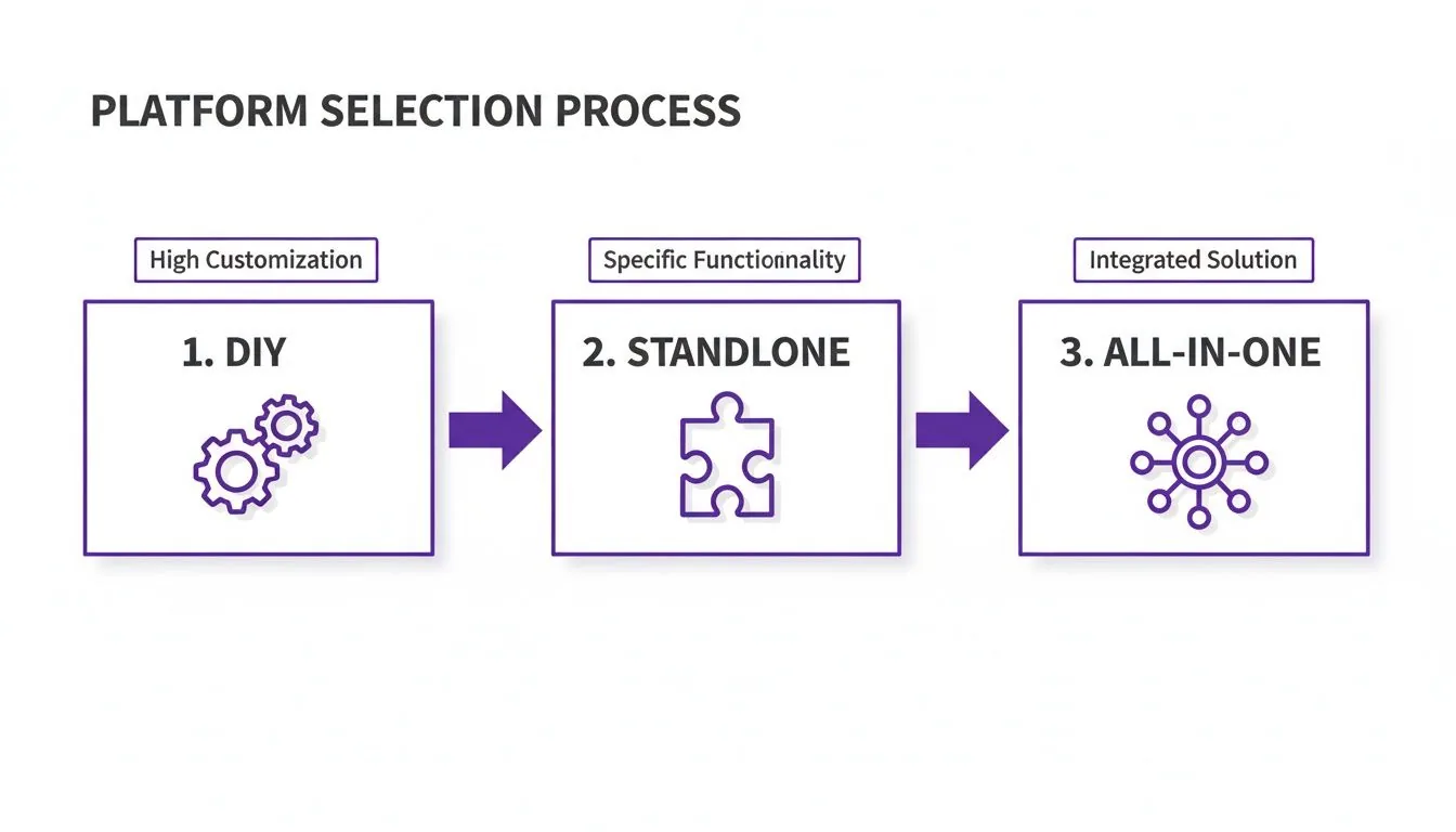 A diagram showing the platform selection process: DIY for high customization, Standalone for specific functionality, and All-in-One for integrated solutions.