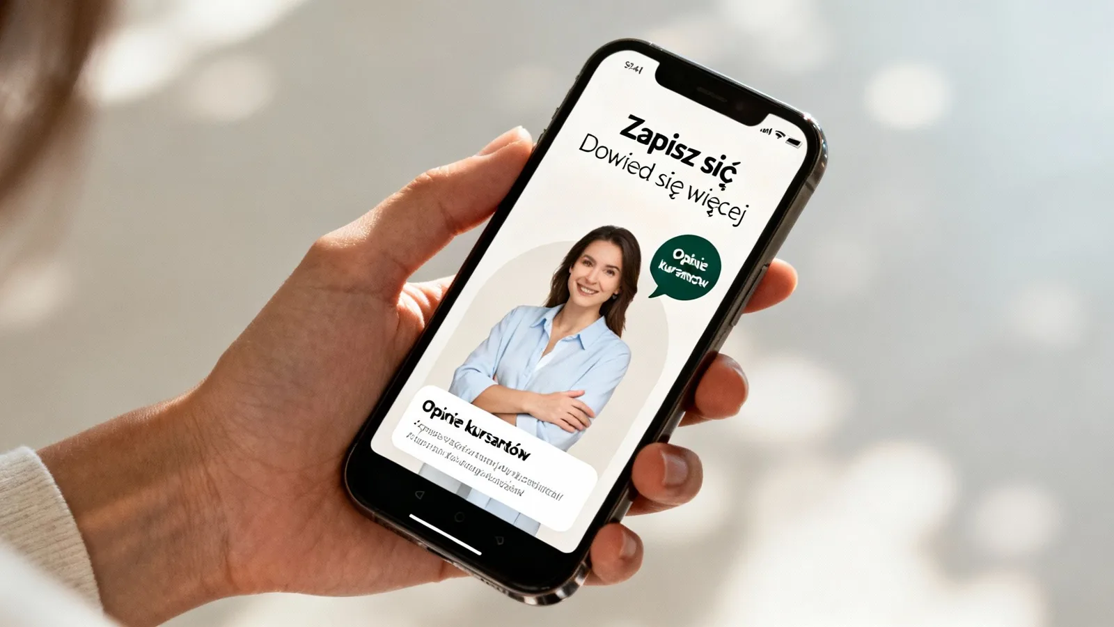 Dłoń trzymająca smartfon z otwartą aplikacją wyświetlającą opcje zapisu i opinie kursantów.