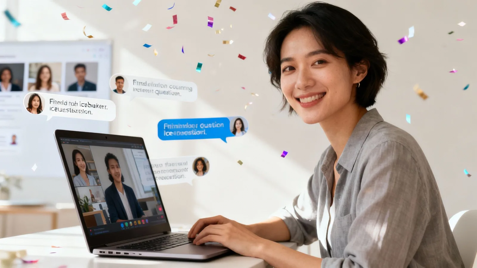 Smiling Asian woman on a laptop video call with chat bubbles, celebrating success with confetti.