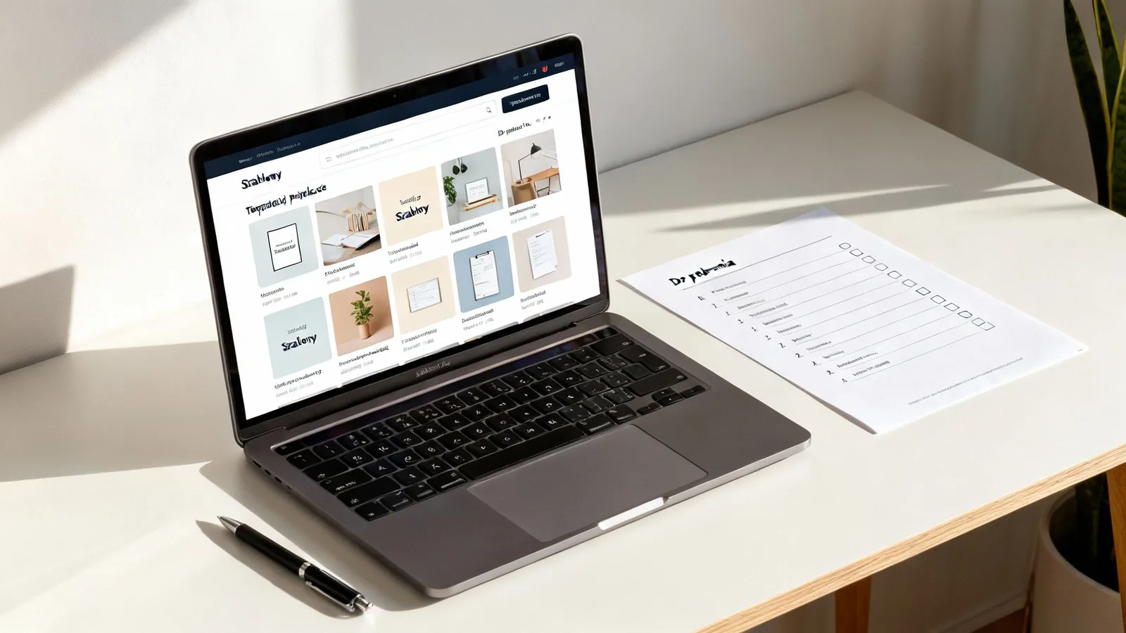 Laptop na nowoczesnym biurku z otwartą stroną "Szablony", obok długopis i papierowa lista zadań do zrobienia.