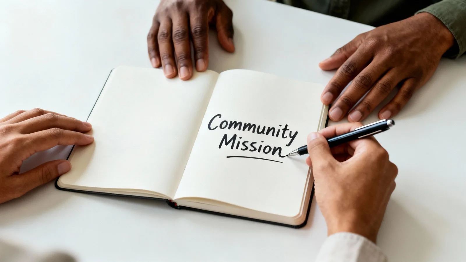 Two people collaborating, one writing 'Community Mission' in a notebook, symbolizing shared goals.