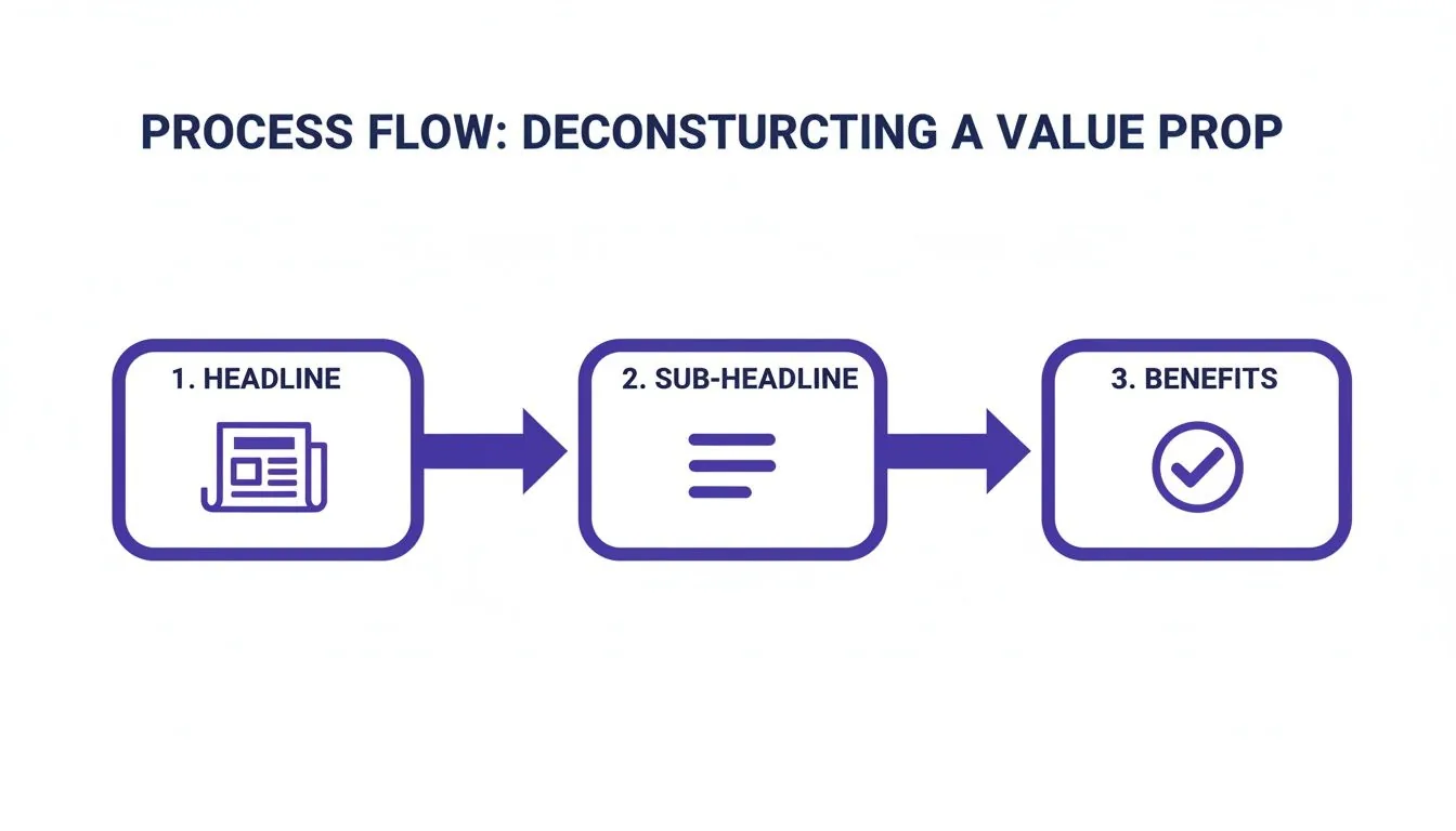 Process flow illustrating how to deconstruct a value proposition into headline, sub-headline, and benefits.