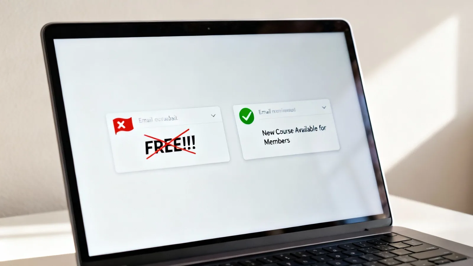 A laptop screen displays successful and unsuccessful email subject lines, highlighting best practices for email marketing.