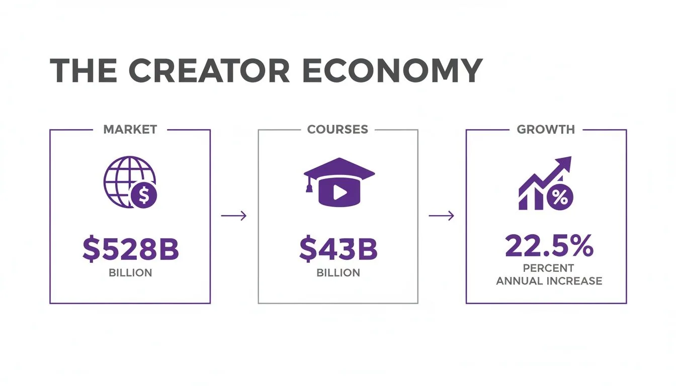 Infographic showing the Creator Economy market at $528B, courses at $43B, and 22.5% annual growth.