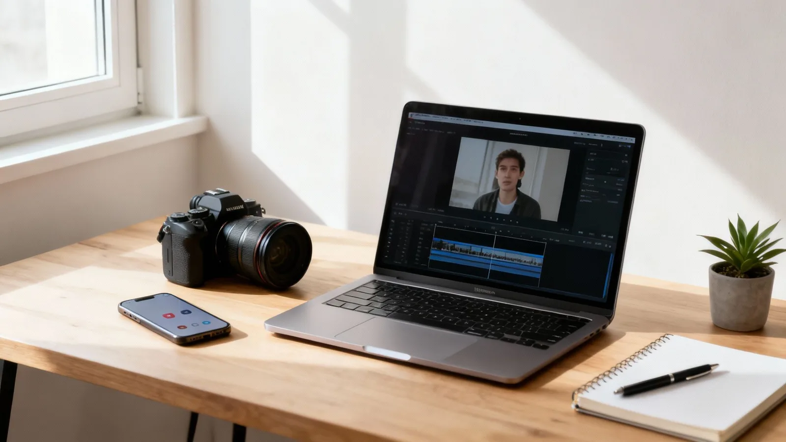 A digital creator's workspace with a laptop showing video editing, camera, phone, and notepad on a wooden desk.