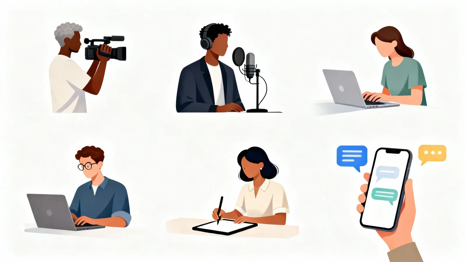 Diverse people engaged in digital creation, including videography, podcasting, laptop work, tablet drawing, and mobile messaging.