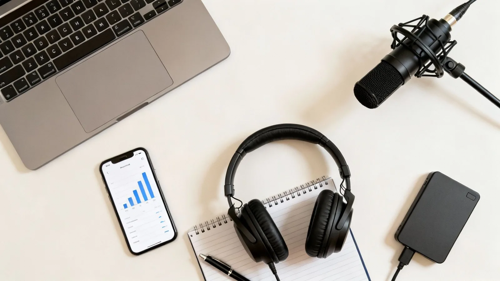 Flat lay of a digital creator's desk setup with a laptop, smartphone, headphones, microphone, and notebook.