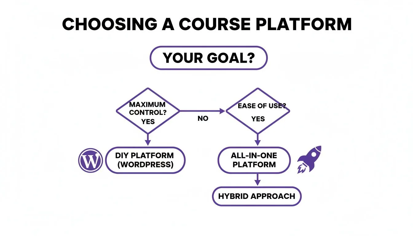 Flowchart illustrating how to choose an online course platform, weighing control versus ease of use.