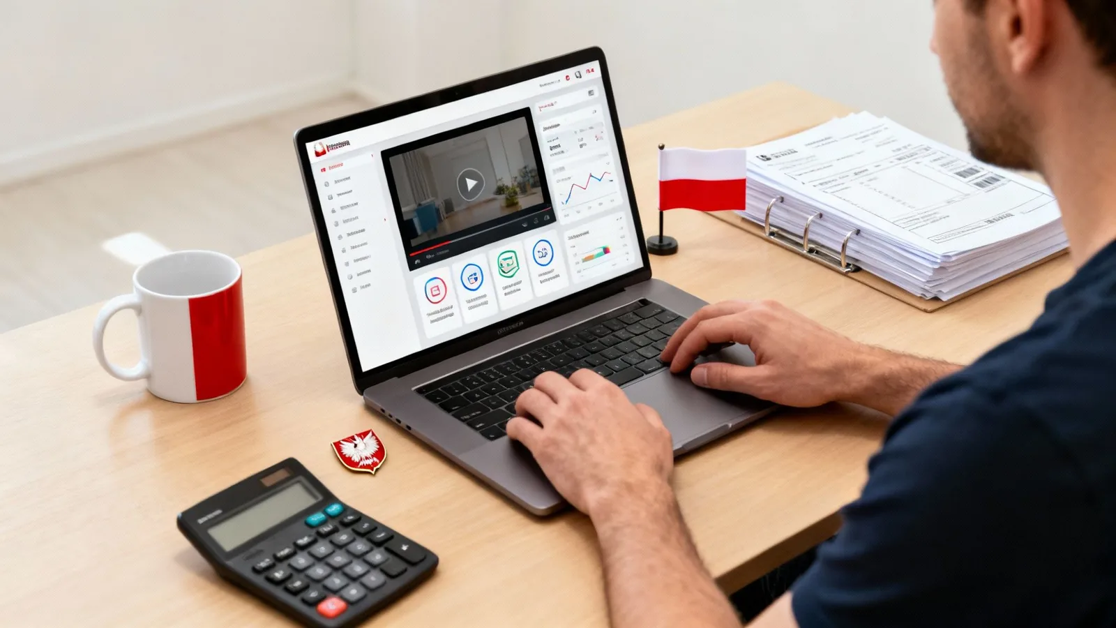 Mężczyzna pracuje na laptopie z platformą e-learningową na biurku, obok polska flaga i dokumenty.