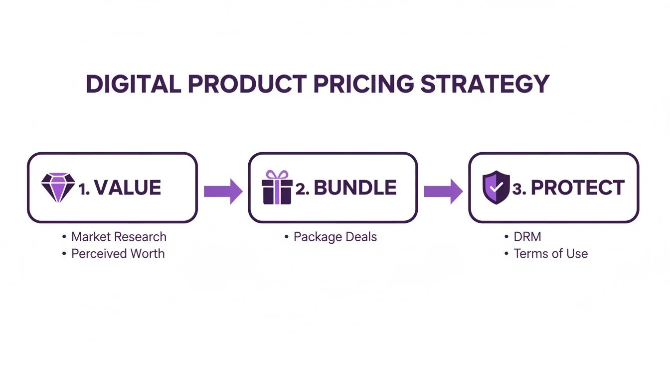 Digital product pricing strategy outlining three key steps: Value, Bundle, and Protect, with sub-points for each.