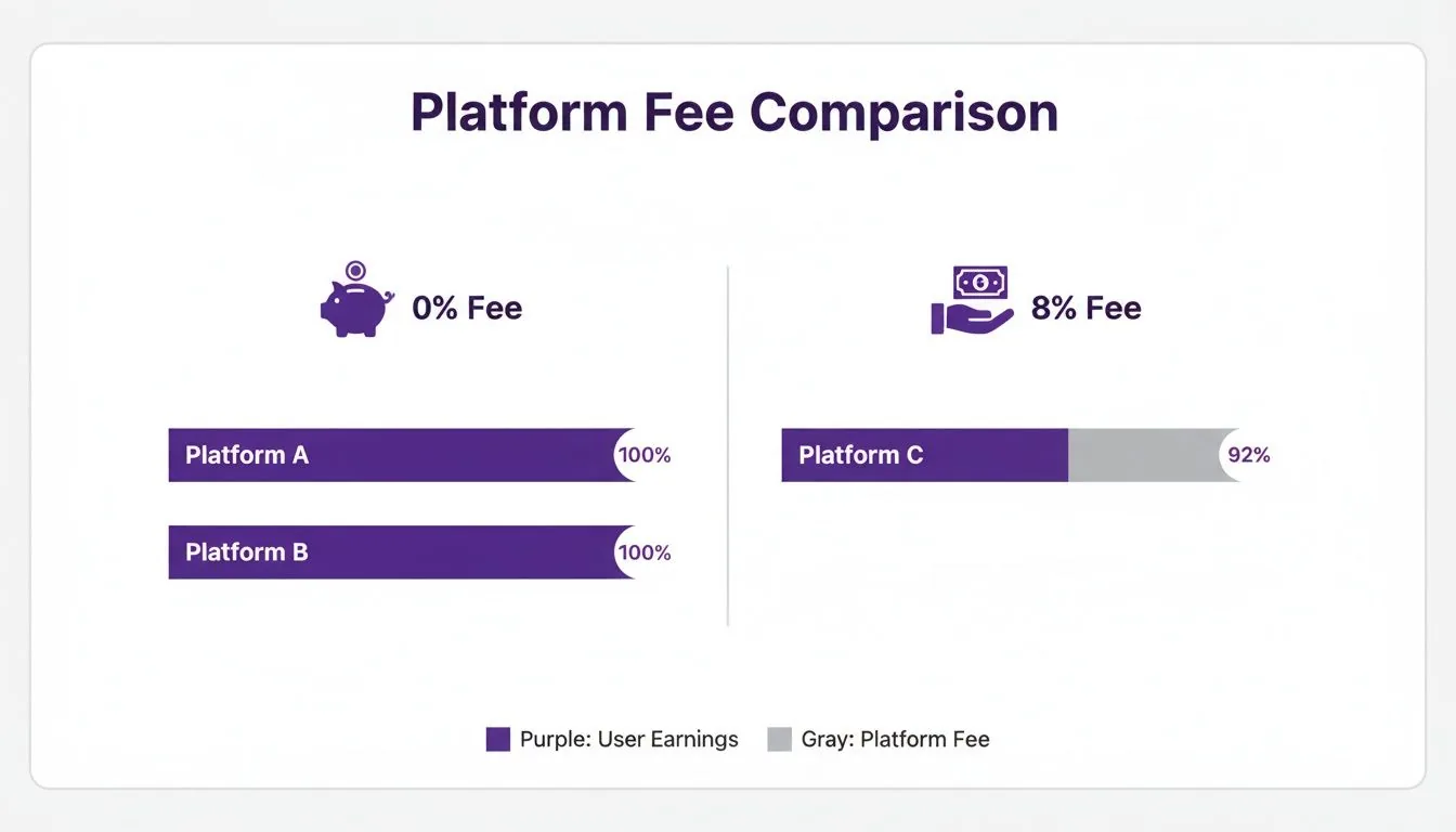 A platform fee comparison chart showing 0% fees for Platforms A and B, and 8% fee for Platform C.