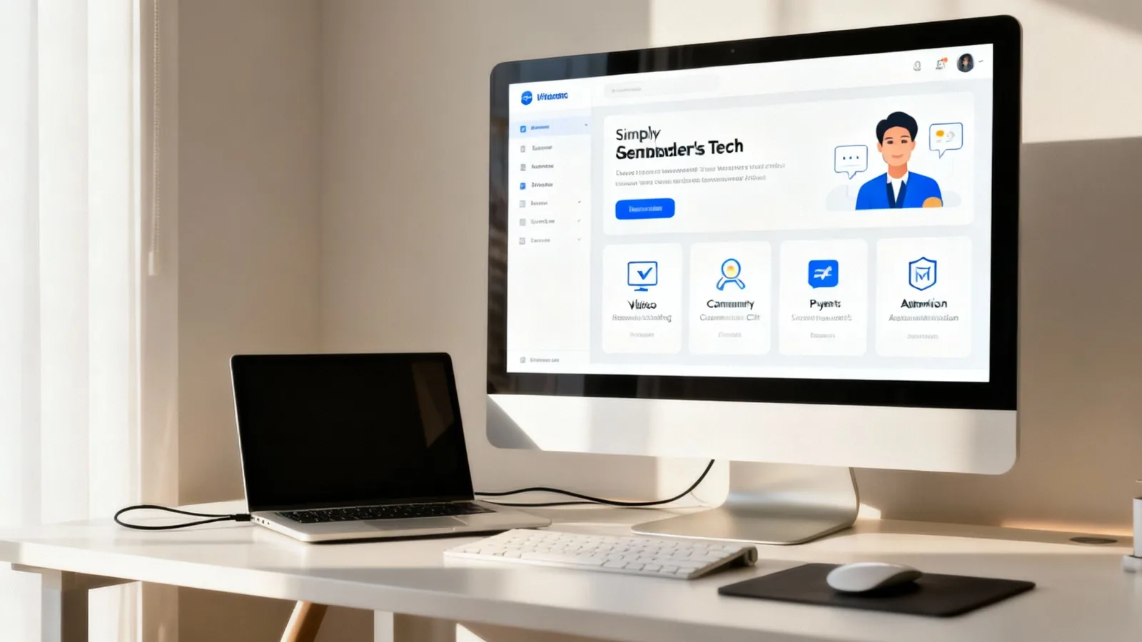 A modern workspace with a desktop computer displaying a membership website dashboard and a laptop.