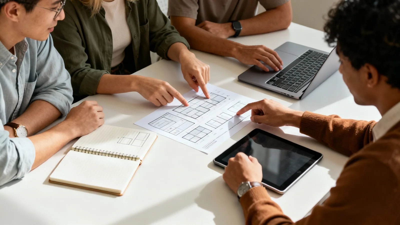 Diverse group collaborating on design plans, pointing at a document on a table with a laptop and tablet.
