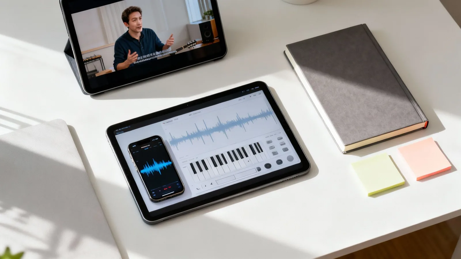 Digital workspace with tablets, smartphone, notebook, and sticky notes for education and music creation.