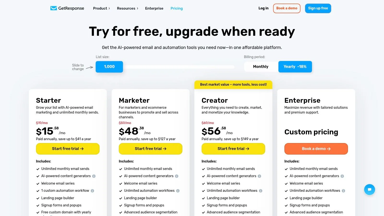 GetResponse pricing plans showing different tiers and features