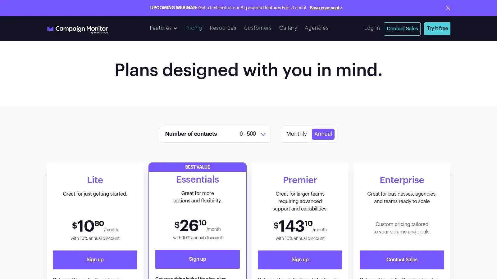 Campaign Monitor pricing plans showing different tiers and features
