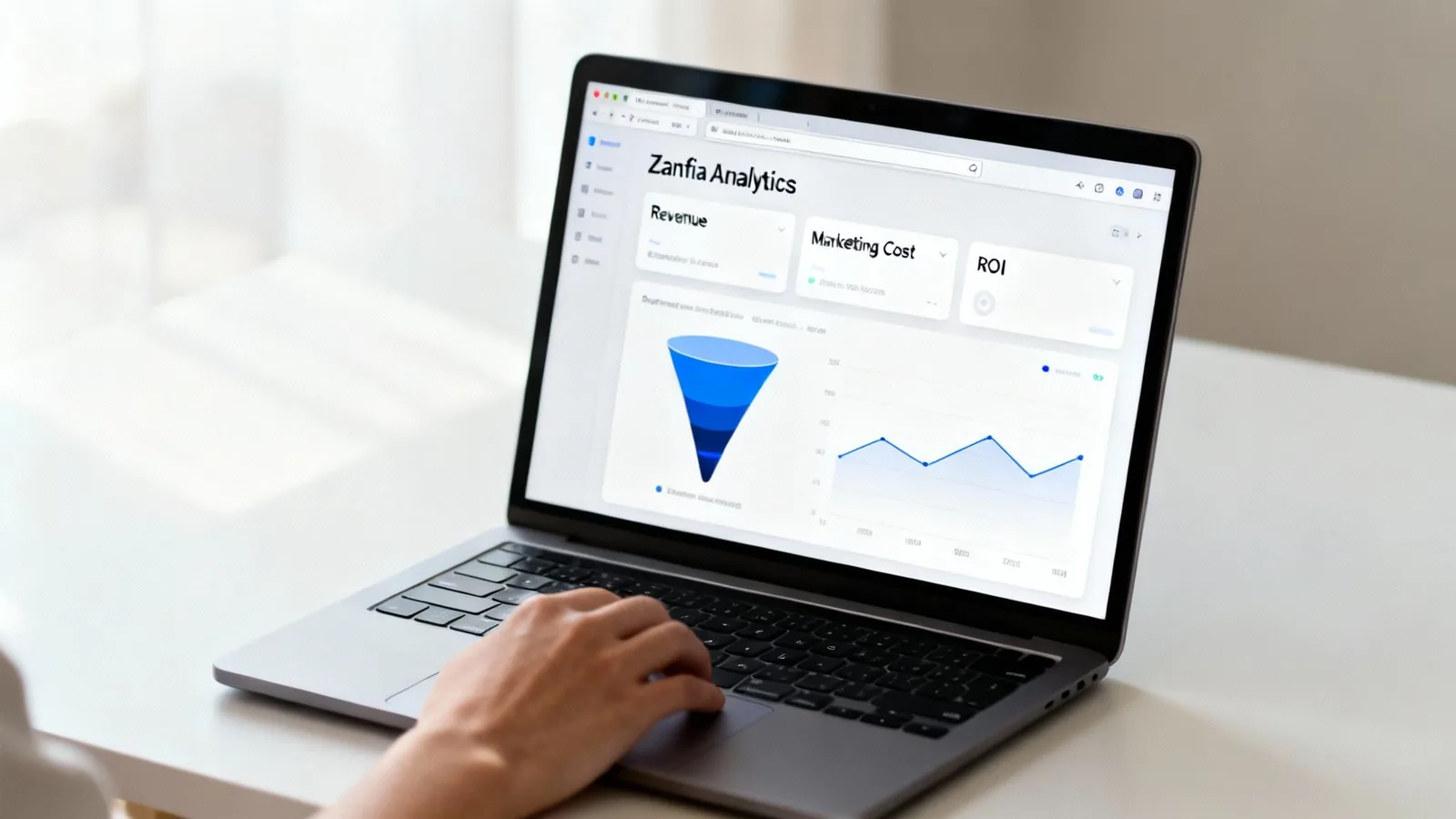 A close-up of a person using a laptop displaying a marketing analytics dashboard with charts and data.