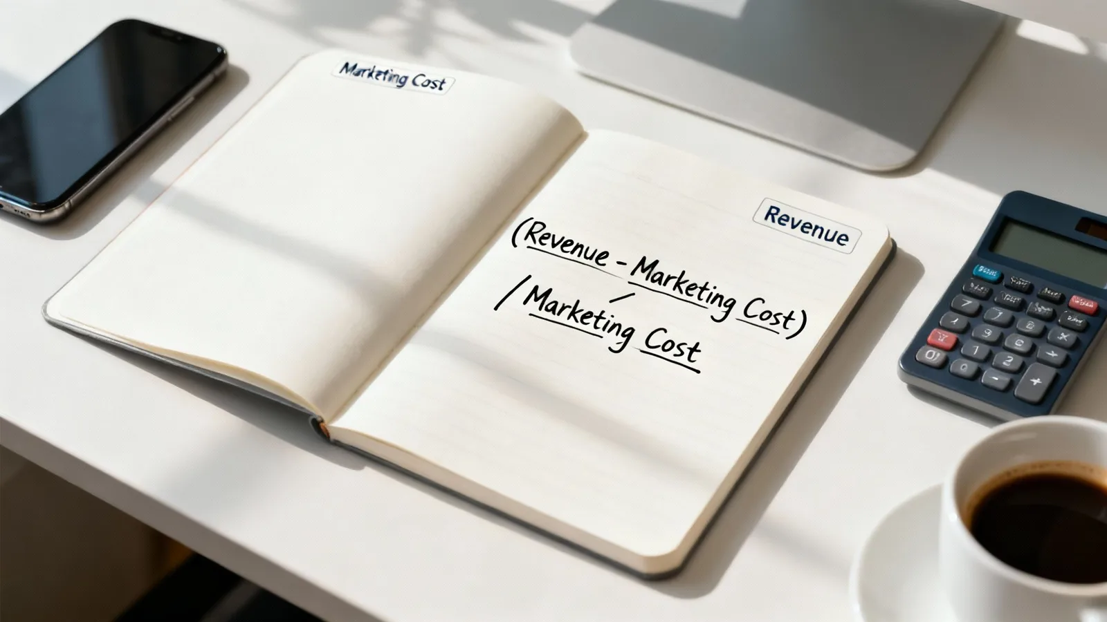 Open notebook displaying the formula for Marketing ROI on a white desk with office supplies.