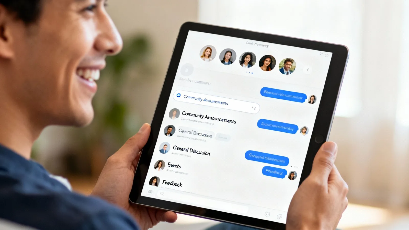 A smiling man interacts with a tablet displaying a community communication app with profile pictures and messages.