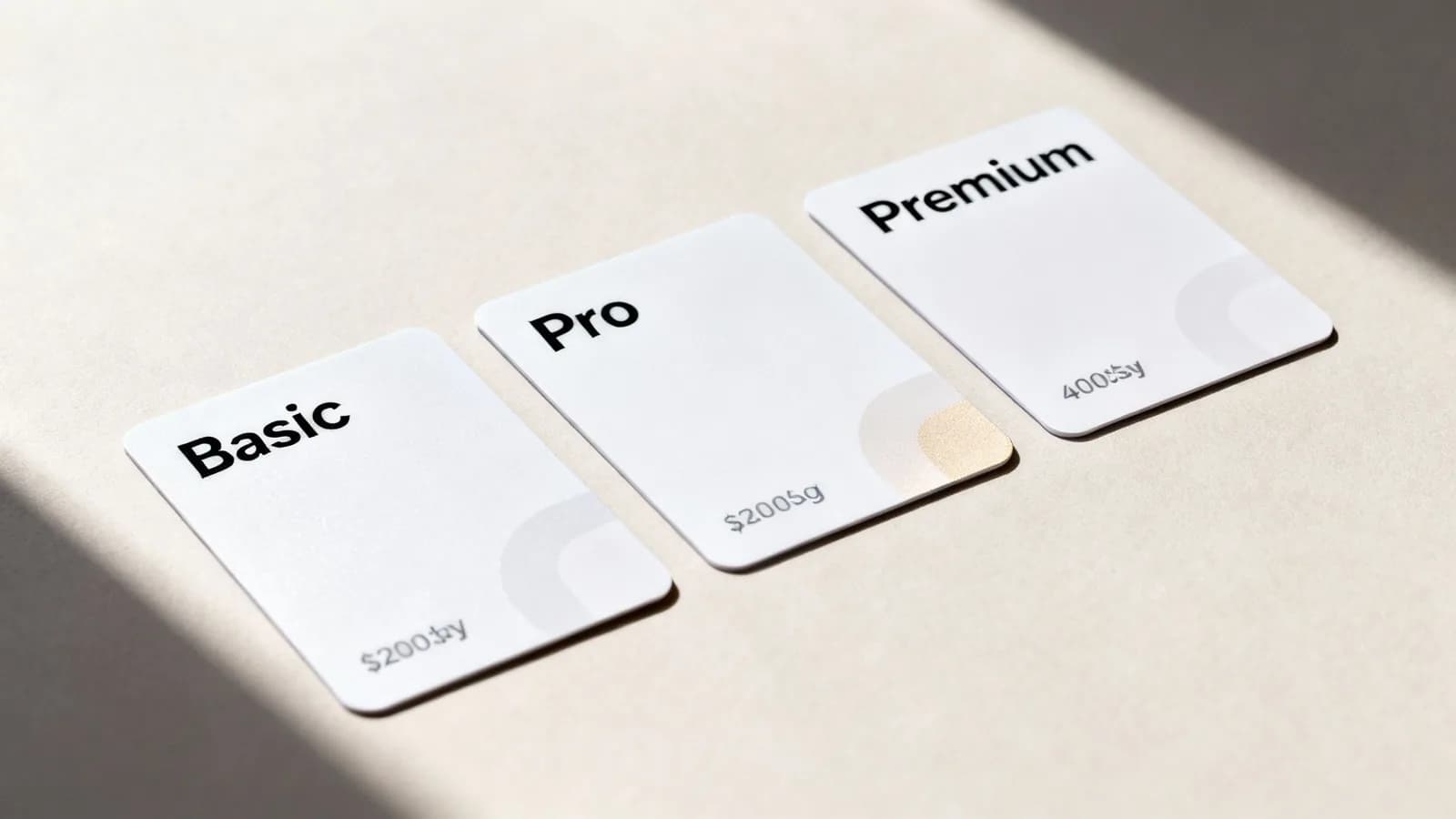 Three white cards labeled Basic, Pro, and Premium, showcasing different membership or pricing plans.