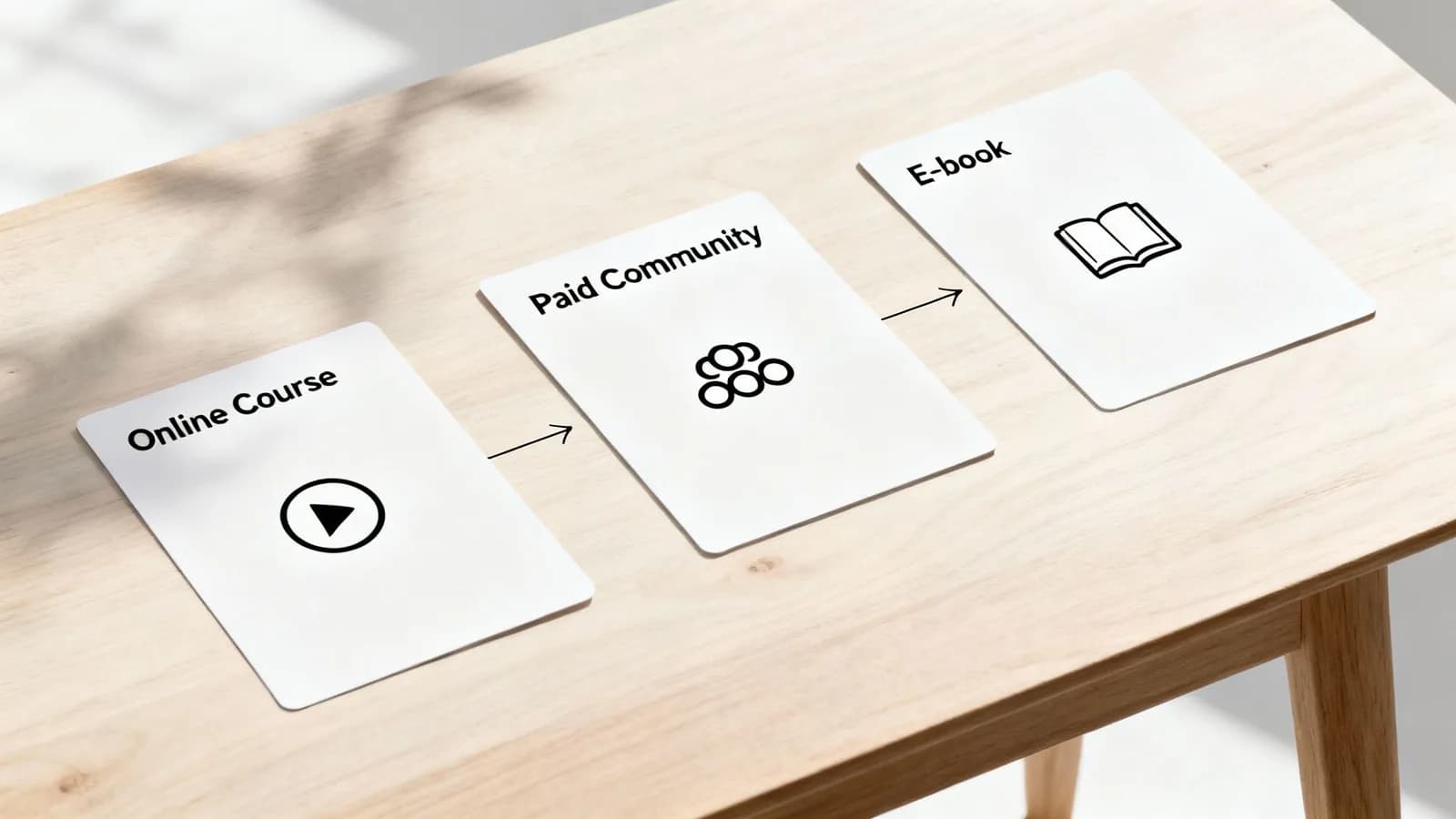 Three cards illustrate a sales funnel's product journey: Online Course, Paid Community, and E-book.