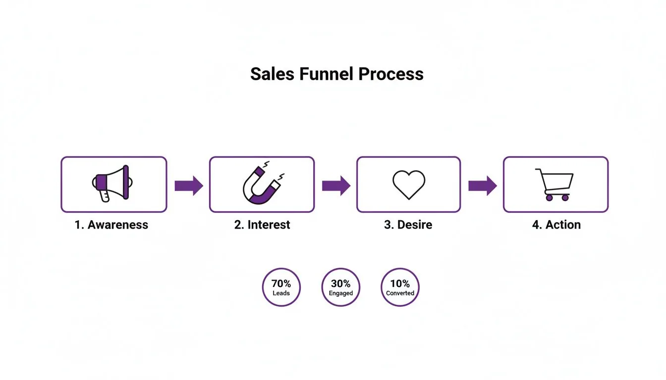 Visual representation of a sales funnel process with four stages: Awareness, Interest, Desire, and Action, plus conversion rates.