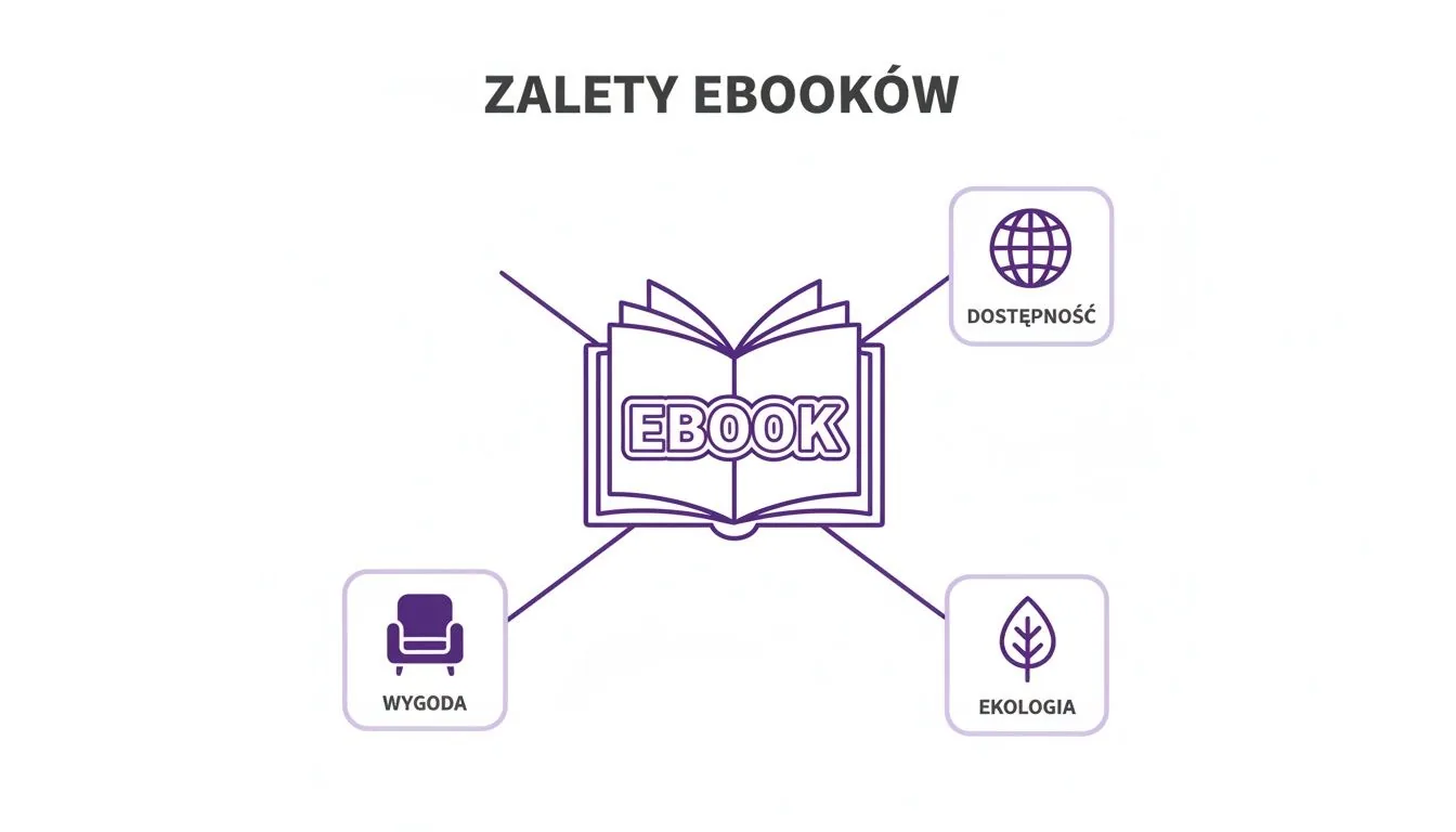 Infografika prezentująca zalety ebooków, takie jak dostępność, wygoda i ekologia, z centralnym ikoną książki cyfrowej.