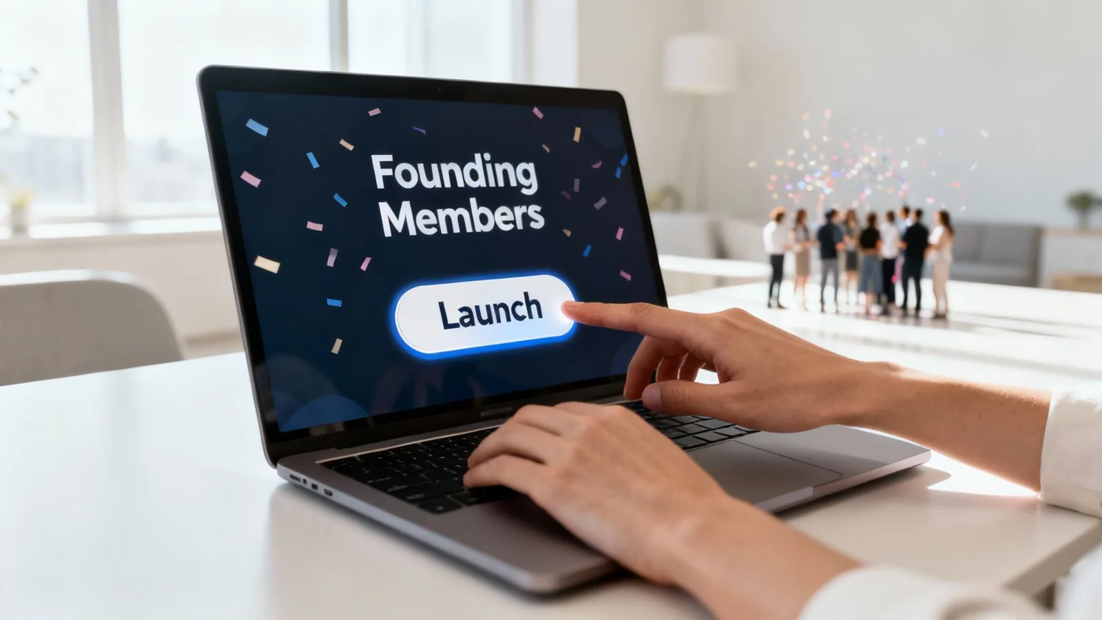 A person's hand is about to click a 'Launch' button on a laptop for founding members with confetti.