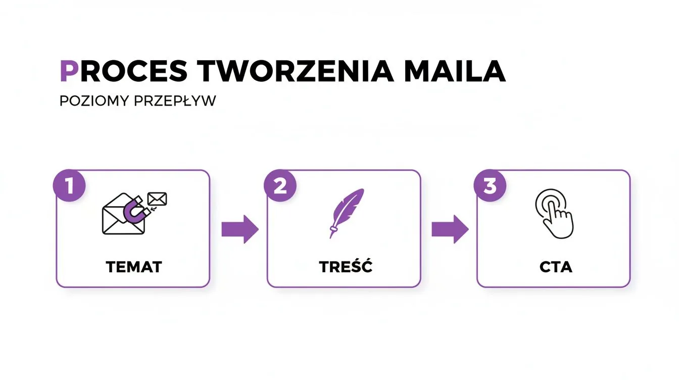 Wizualizacja trzyetapowego procesu tworzenia maila: temat, treść i wezwanie do działania (CTA).
