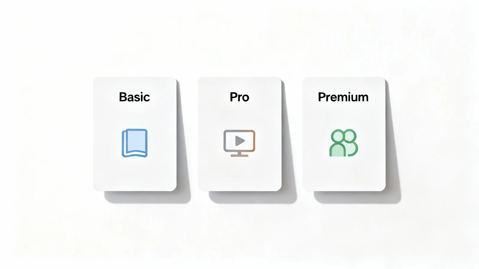 Three white cards displaying membership plans: Basic with video monitor, Pro with books, and Premium with user icons.