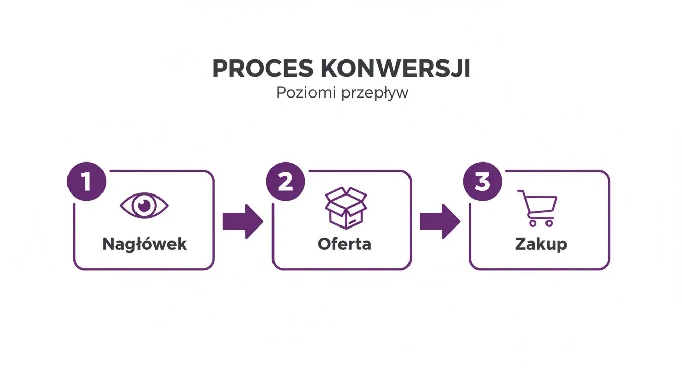 Diagram przedstawiający proces konwersji w trzech krokach: nagłówek (zobaczenie), oferta (produkt), zakup (koszyk). Strzałki wskazują kolejność.