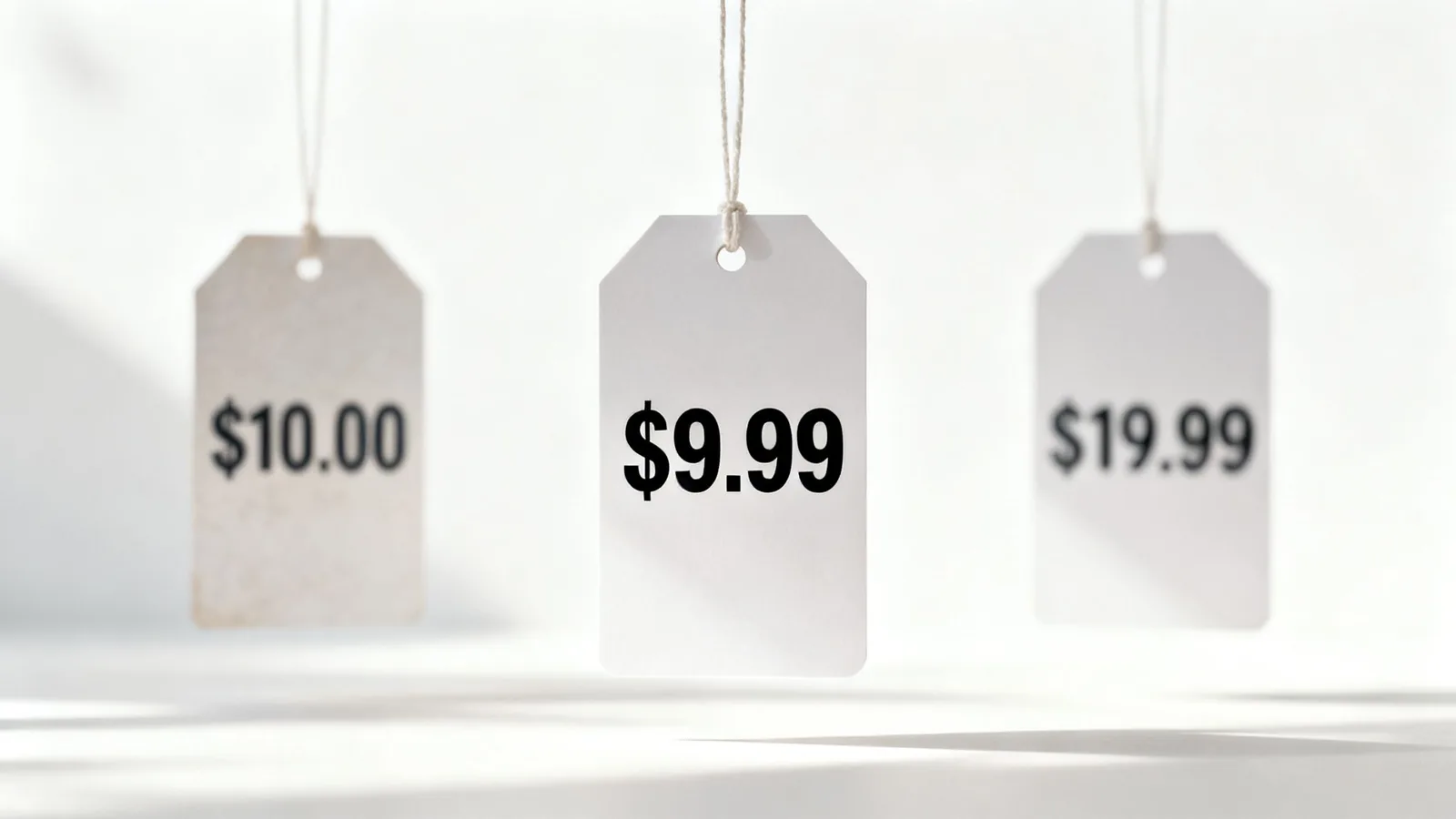 Three white price tags hang, displaying prices $10.00, $9.99, and $19.99, illustrating pricing strategies.