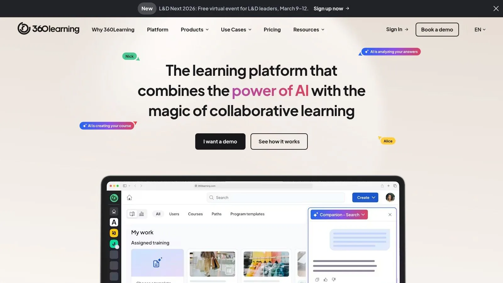 360Learning dashboard showing course creation and collaborative feedback tools.