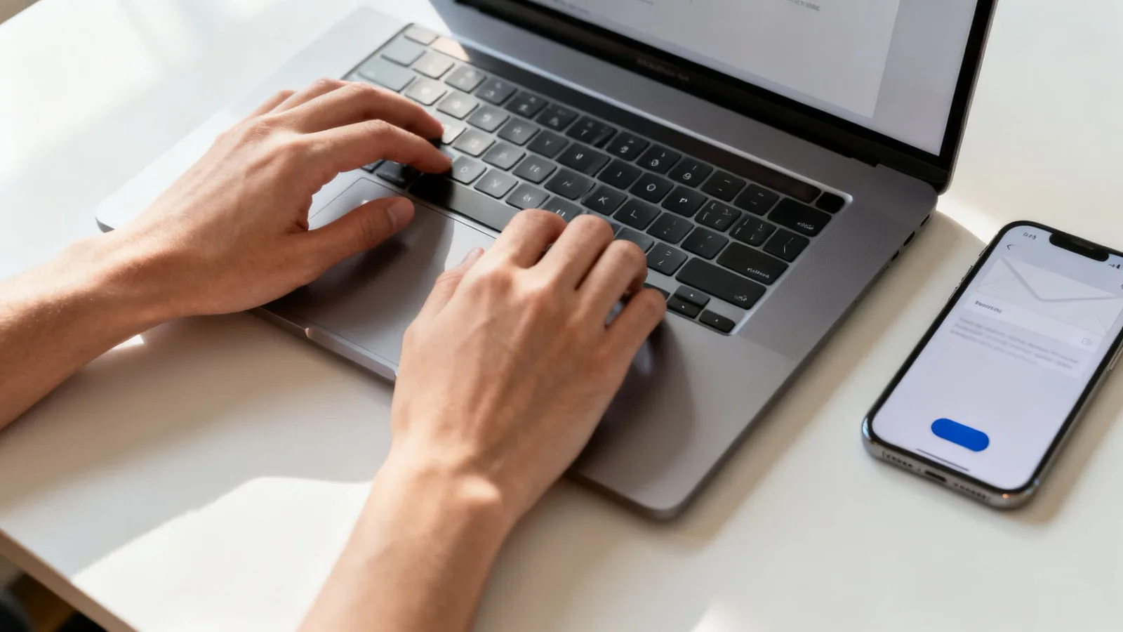 Dłonie piszące na klawiaturze laptopa, obok leży smartfon z otwartą aplikacją poczty e-mail.