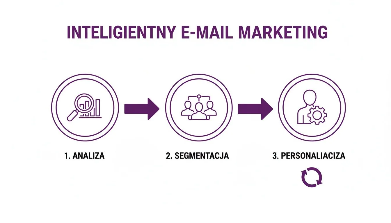 Diagram przedstawiający proces inteligentnego marketingu e-mail: analiza, segmentacja i personalizacja, z ikonami wizualizującymi każdy etap.