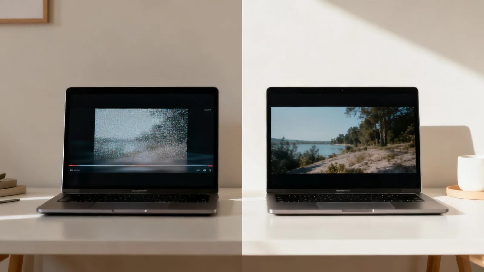 Dwa laptopy na białym biurku, jeden wyświetla zaszumiony film, drugi klarowny obraz. Ilustracja jakości wideo.