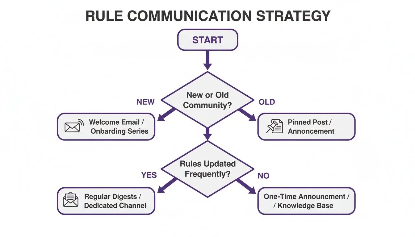 Flowchart illustrating a rule communication strategy, guiding choices based on community age and rule update frequency.