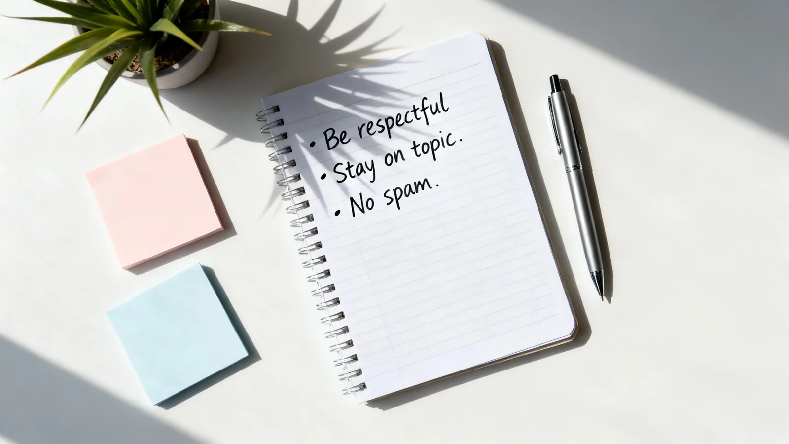 Overhead desk view with notebook showing rules: Be respectful, Stay on topic, No spam. Sticky notes, plant, pen.