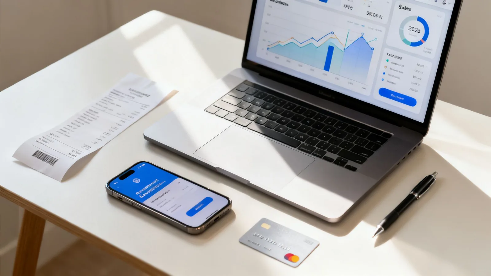 Na białym biurku laptop z wykresem sprzedaży, smartfon, karta płatnicza i paragon, sugerujące zarządzanie finansami.